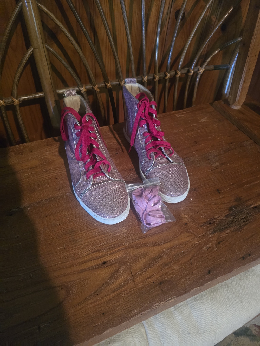 Christian Louboutin Sparkly Pink High Top Sneakers with Hot Pink Laces - Picture 11 of 16